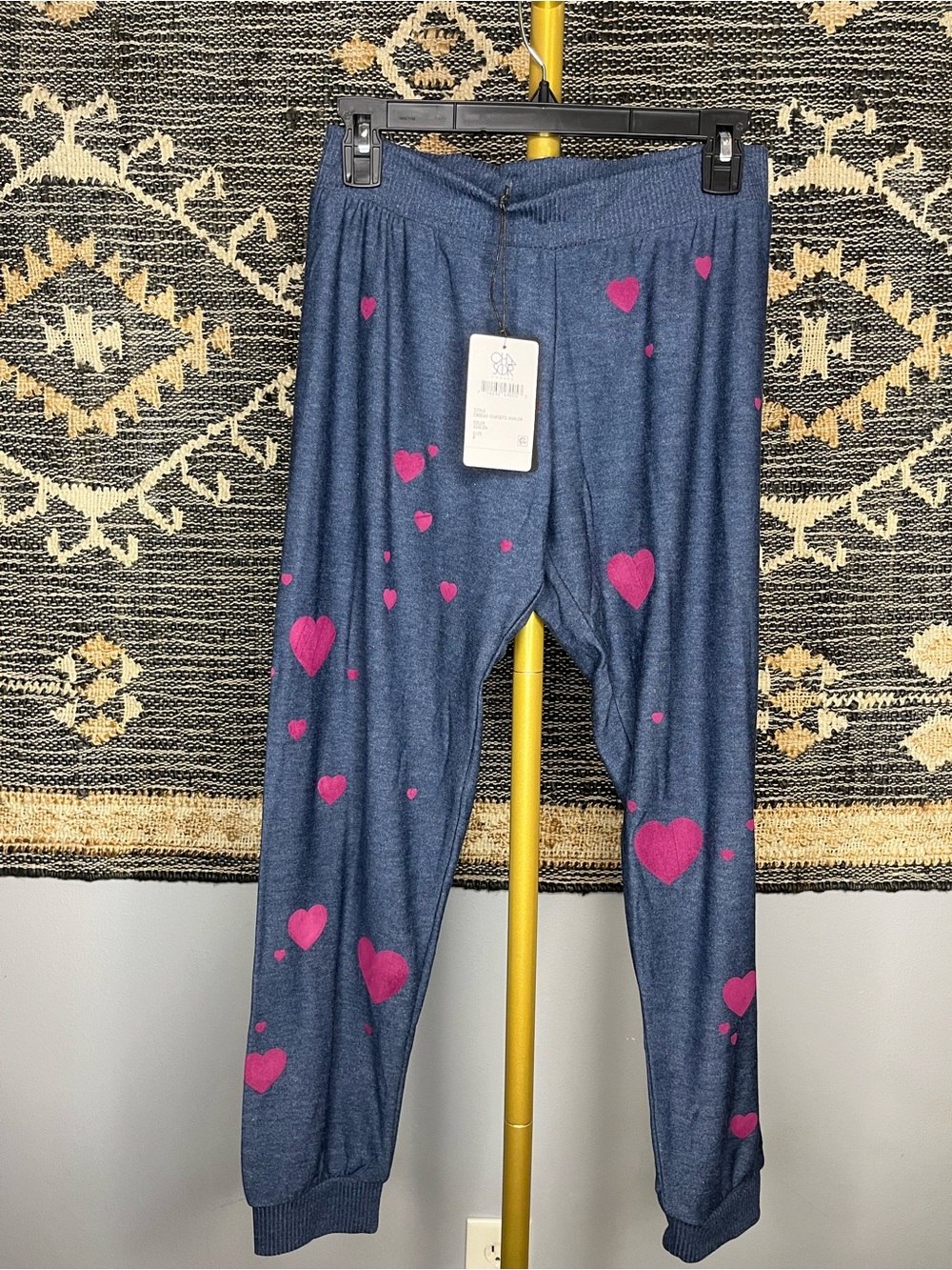 Anthropologies Chaser Blue Jogger Pajama Bottoms w/Pink Hearts